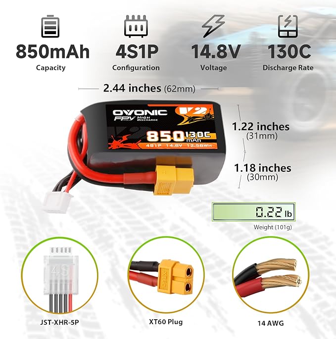 BATERIA OVONIC 130C 4S 850mah Lipo 14.8V con XT60 BATERIA OVONIC 130C 4S 850mah Lipo 14.8V con XT60